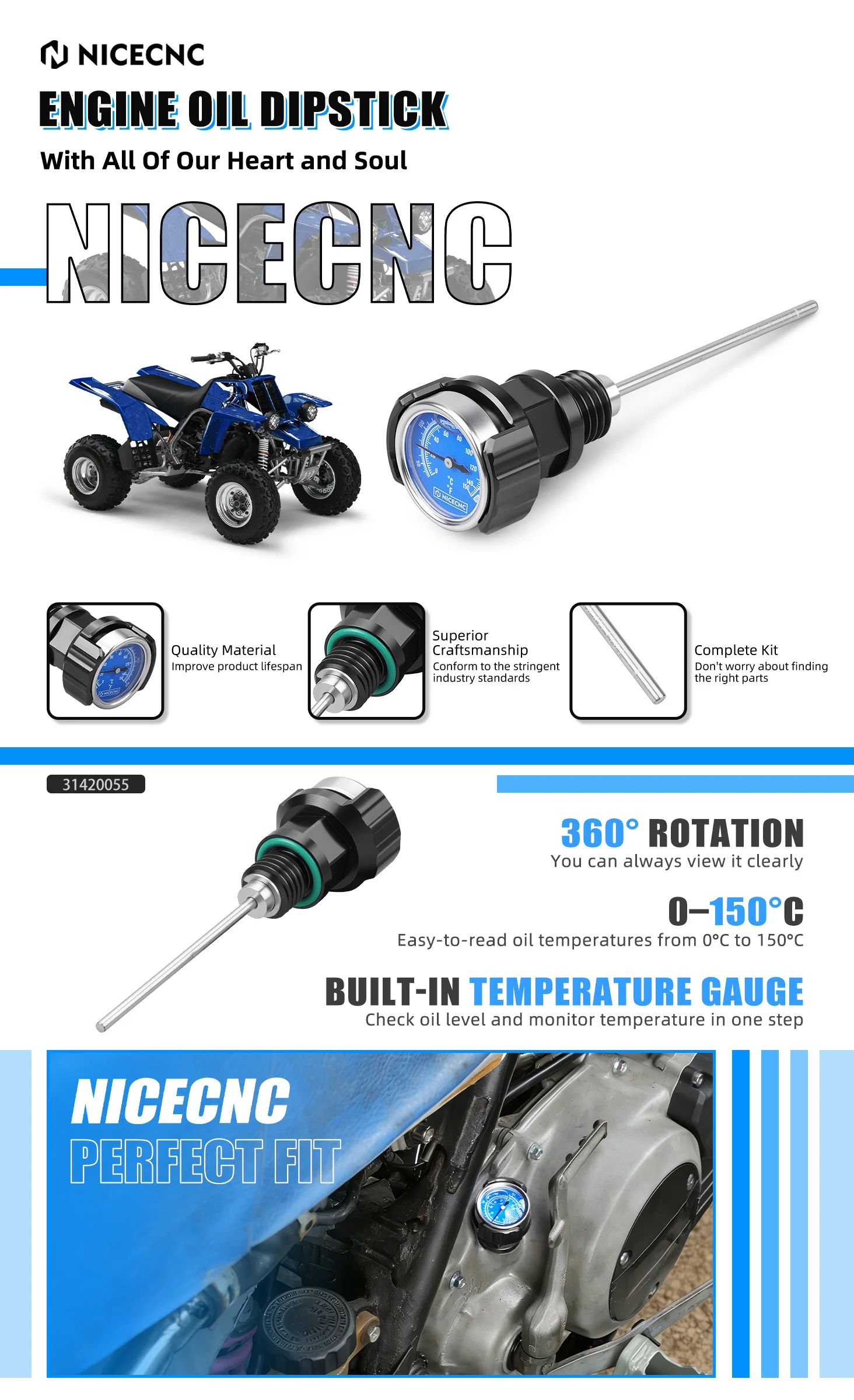 NICECNC Für Yamaha Banshee 350 YFZ350 1987-2006 0–150 ° C Motoröl-Messstab mit integrierter vibrationsbeständiger Anzeige, ATV-Zubehör – Detail 2