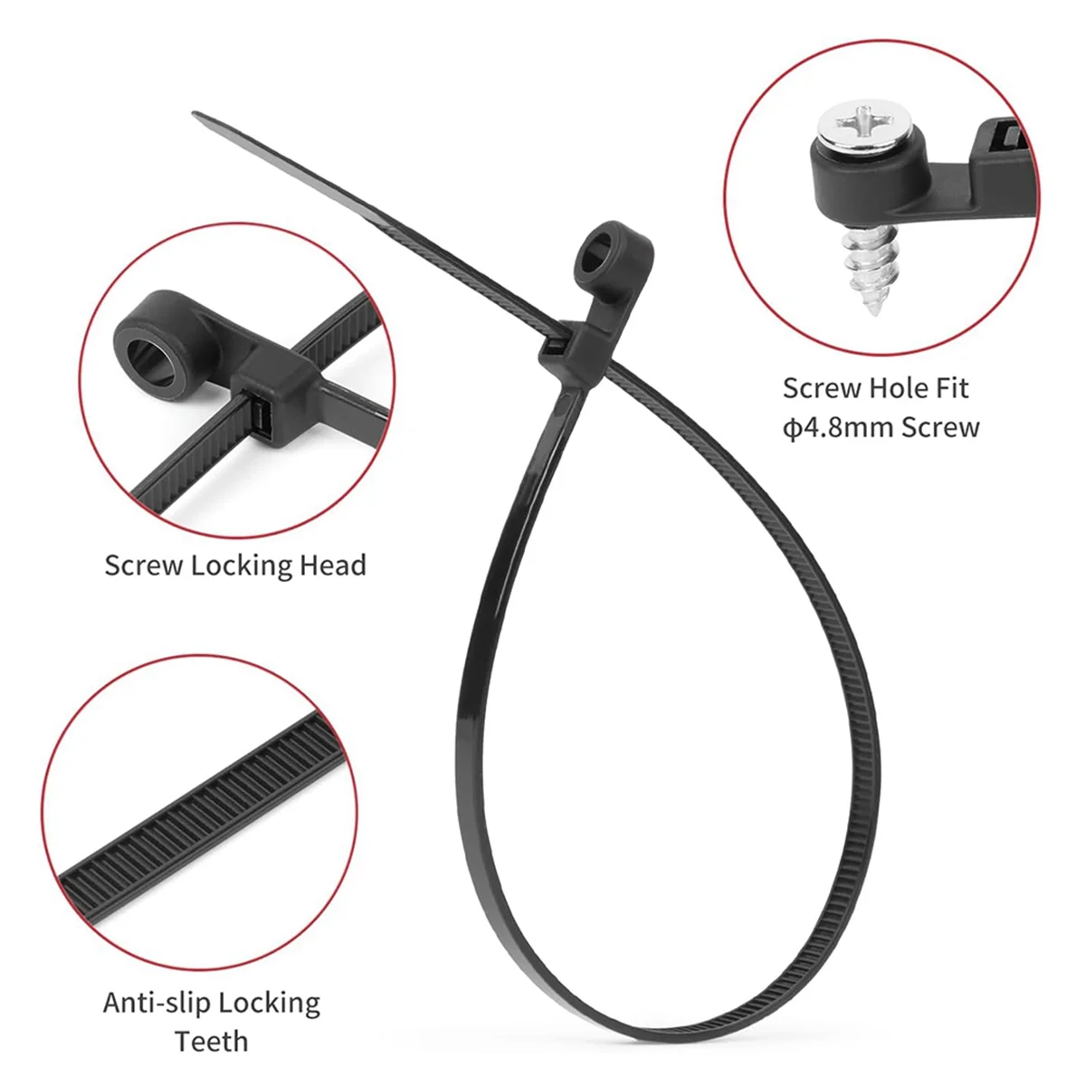 

A002 12 Inch Cable Ties (100 Pack) Zip Ties with Screw Mounting Hole 120 Lb Strength + 100 Screws for Wire Management