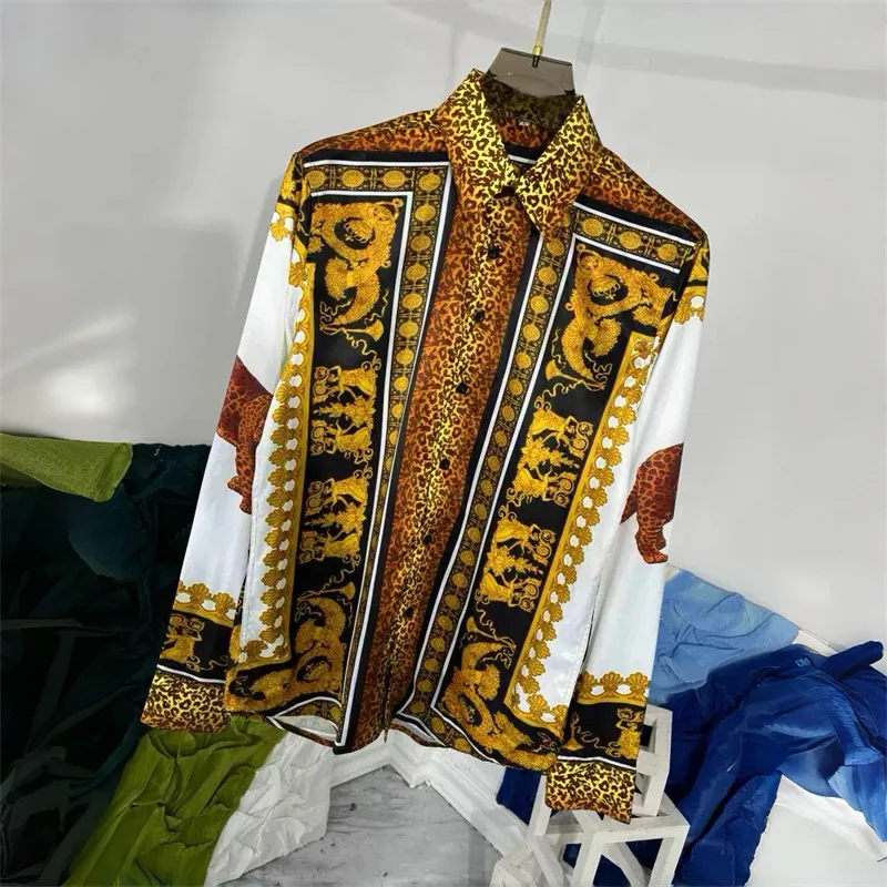 Men's long-sleeved shirt with leopard print and gold totem design, high-definition 3D printed pattern, stylish men's top.