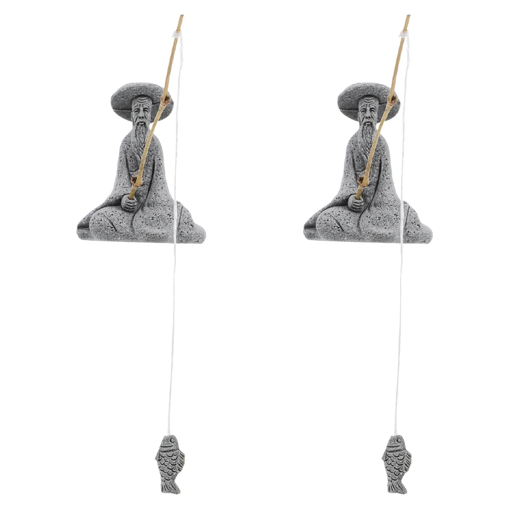 

2 Sets Dark Grey Fisherman Micro Landscape Tank Statue Rockery Decoration Chinese Mudmen Figurine Small Ornament Terrarium Decor