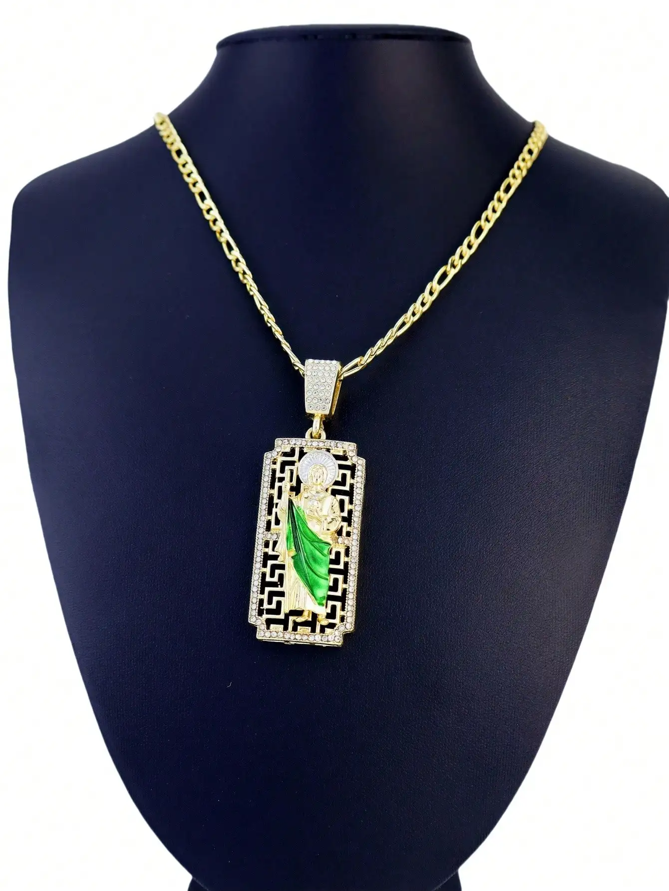 1pc Vintage Floral Green St. Jude Necklace Saint Jude Figaro Chain