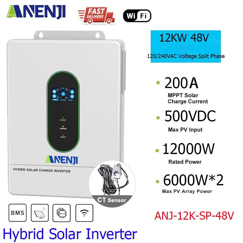 48V Hybrid Solar Inverter 120V/240VAC 12KW 6.5KW 3.6KW Dual PV Input MPPT Pure Sine Wave Inverter 200A 120A 80A Solar Charger