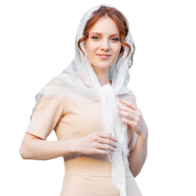 

Elegant Women's Mantilla Head Covering - Lace Triangle Shawl with Flower Kerchief Fashionable Ladies Catholic Prayer Chapel Scar