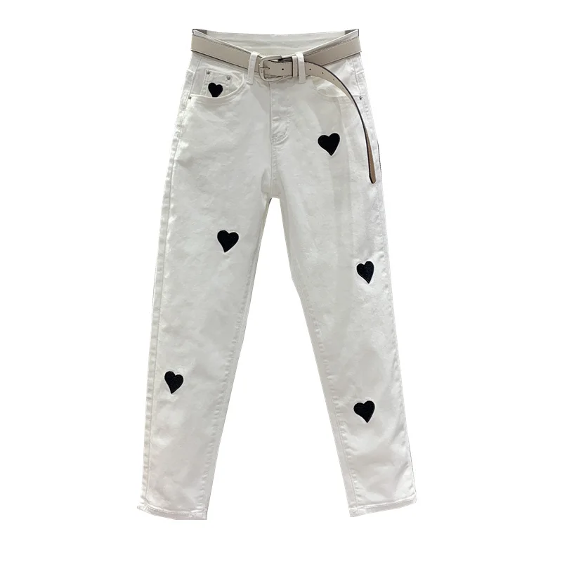 High Waisted White Jeans Women Slim Fit Fashion Harun Denim Pants New Spring Autumn Chic Embroidery Casual Jean Pantalon Femme