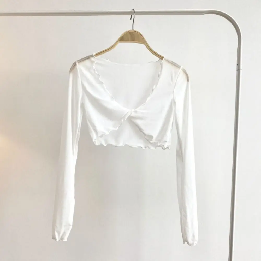 Casual Ruffle Mesh Knot Cardigan See Through V-neck Sun Protection Tops Long Sleeve Korean Transparent Cardigan Streetwear