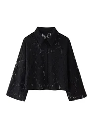 TRAF2024 European and American style autumn and winter new black lace embroidery short shirt fashionable long sleeves