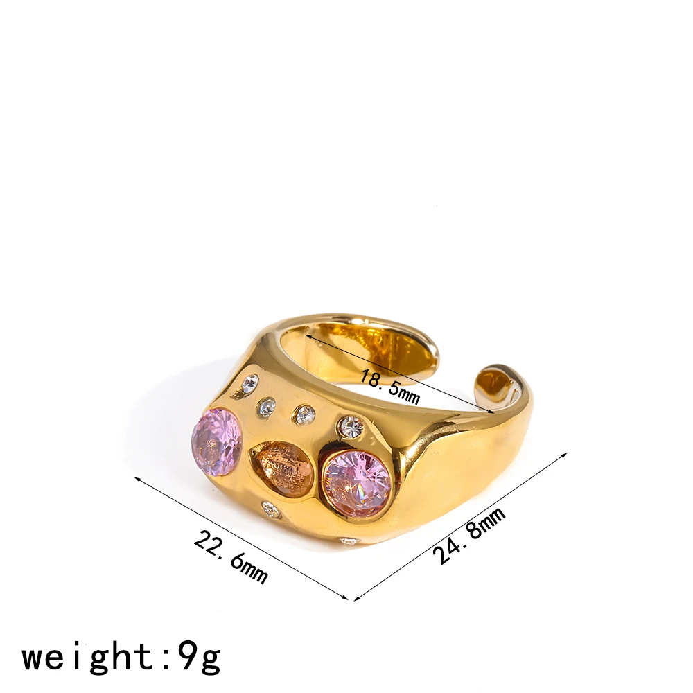 TD Fashion Offener Ring aus Edelstahl mit farbigem Zirkon-Einleger, 18K vergoldet, geometrisch, wasserdicht – Detail 6