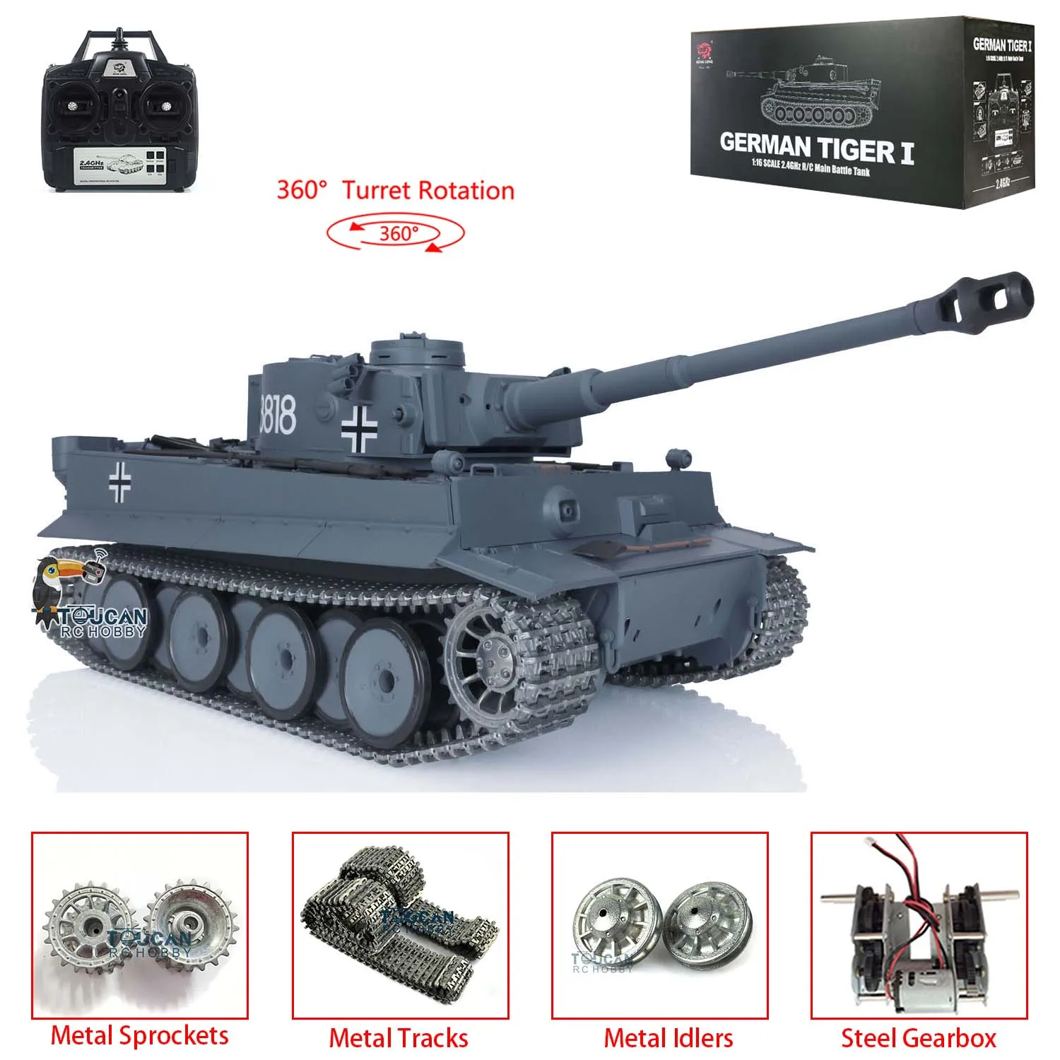 

Henglong 1/16 7.0 Upgraded Metal German Tiger I RTR RC Tank 3818 W/ 360° Turret Toy Model Gifts