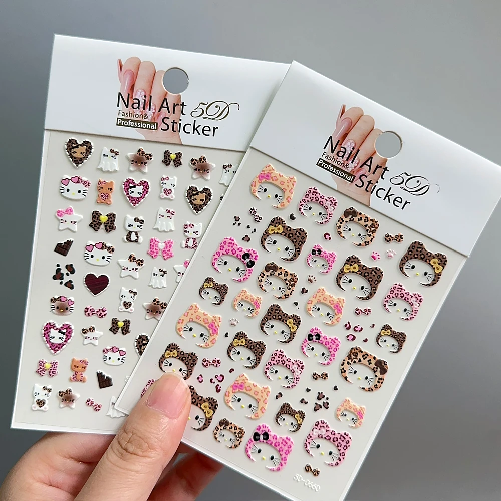 3 stks 5D 2025 Nieuwe Luipaard Print KT Hoed Nagelstickers Schattig Hart Parel Bril KT Hoofd Roze Bruin Luipaard Kitty Hoofddoek Decal ﻿ ﻿