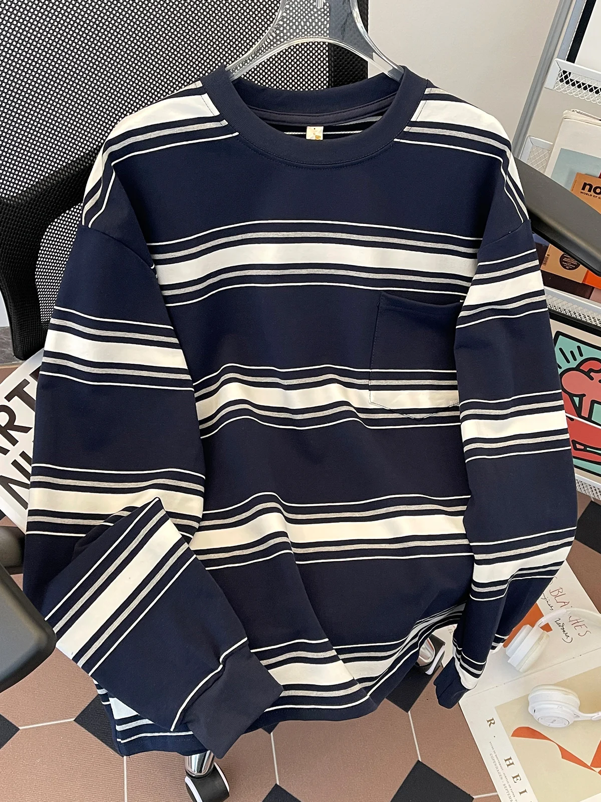 Spring Autumn Pure Cotton Hoodie Men round Neck Pullover Color Block Casual Trendy Sport Student Youth Hatless Top