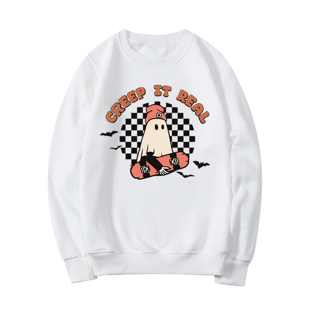 Creep It Real Sweatshirt Retro Halloween Hoodie Retro Ghost Sweatshirt Women's Graphic Hoodies Long Sleeve Spooky Season Tops