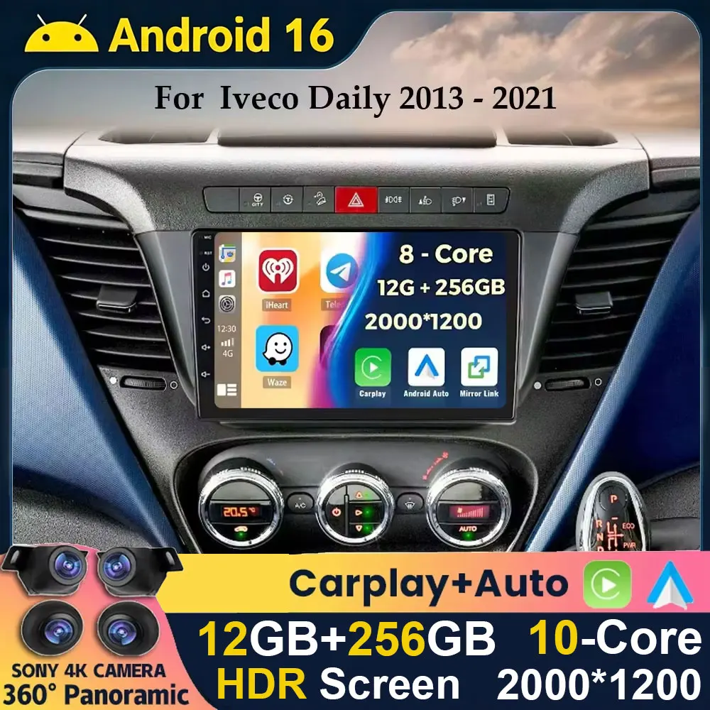 Android 16 WIFI+4G 360 Camera Carplay Auto For Iveco Daily 2013 2014 2015 2016 2017- 2021 Car Radio Multimedia Player GPS Stereo