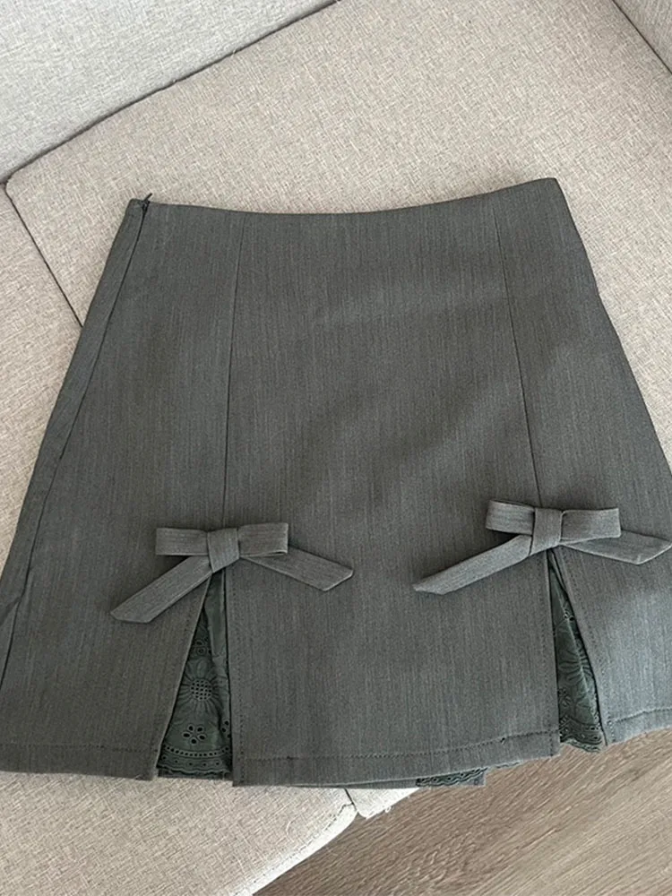 

High Quality Grey Skirt 90s Office Lady Classical Cozy A-Line Skirt Casual High Street Kawaii Bow High Street Japanese Fashion