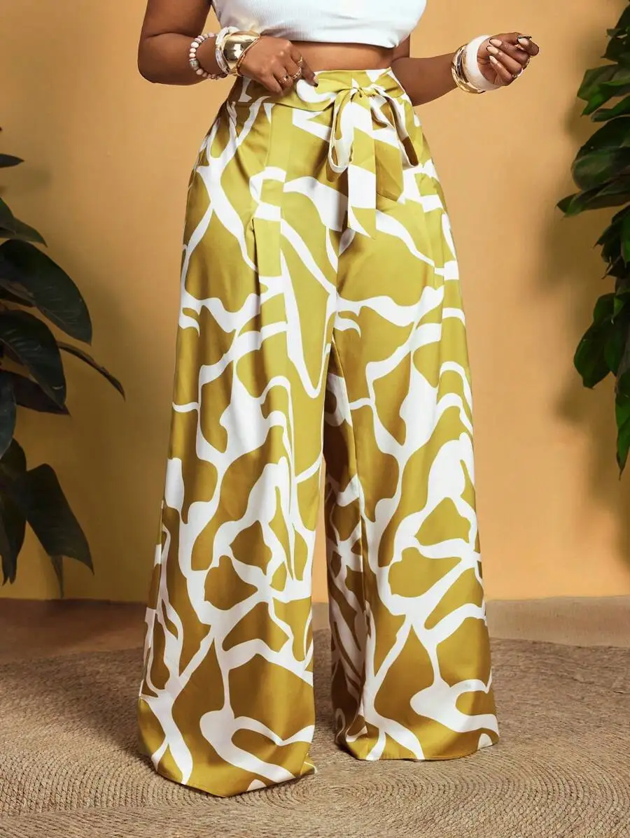 

Plus Size High Waist Wide Leg Pants with Abstract Print and Self Belt