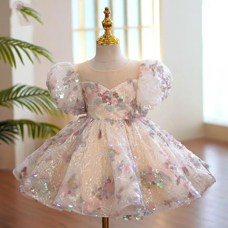 New High-End Colorful Sequins Puffy Bow Princess Gown Dress