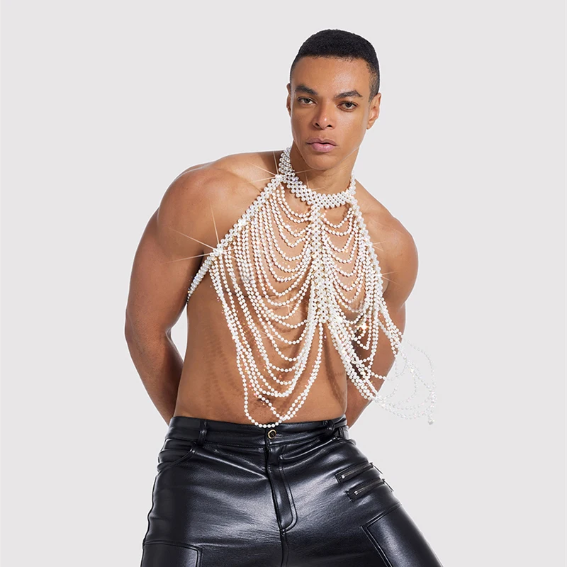 Tolle mehrschichtige Perlen-Körperkette für Herren, Tank-Tops, modische Halskette, sexy Accessoire, Herrenbekleidung, Muskelshirt, Leibchen 2026 – Detail 1