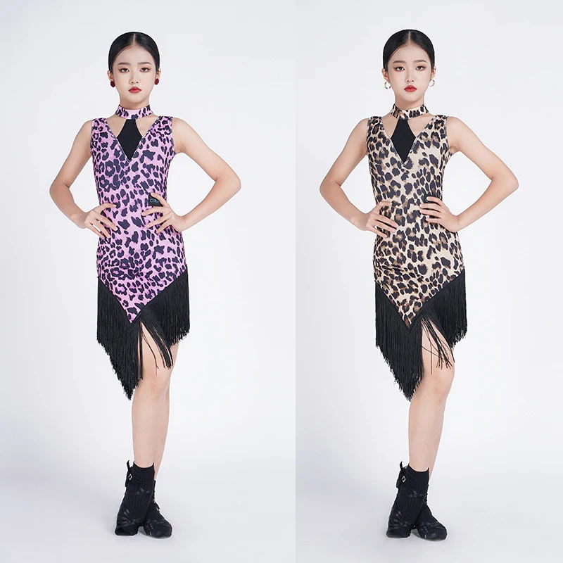 

Summer Latin Dance Performance Costume Girls Sleeveless Leoaprd Latin Dance Dress Kids Professional Dancing Dresses DWY9859