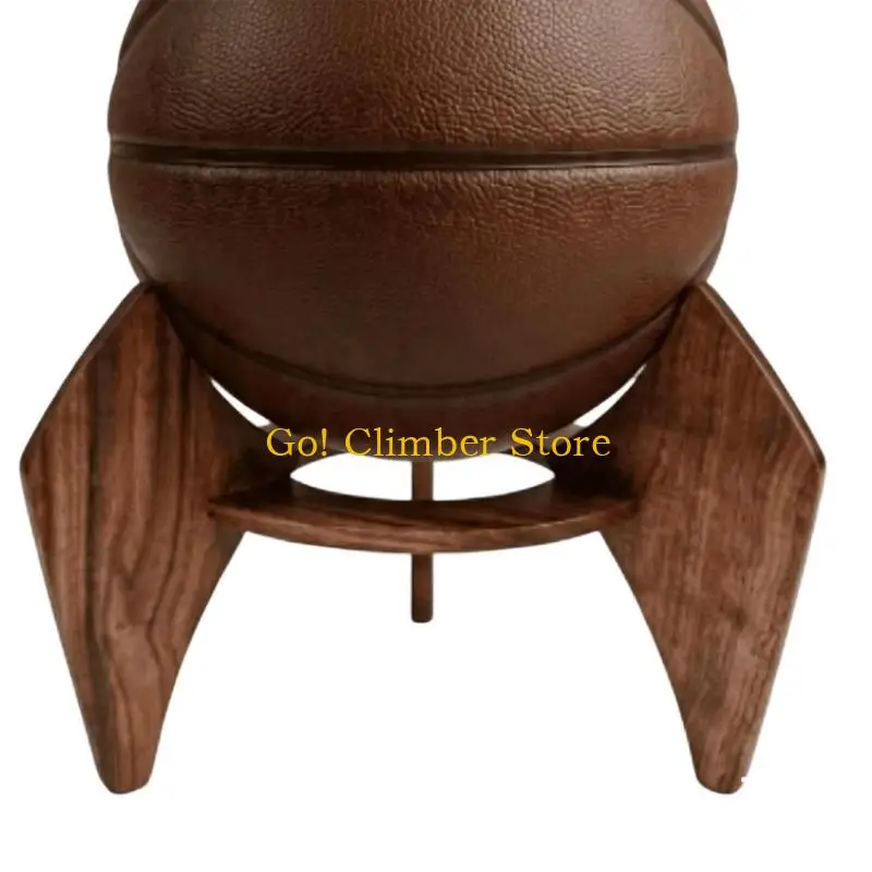 Q84C Volleyball Display Stand for Basketball Shelf Use, Wooden Table Holder with Open Support and Space Saving Build