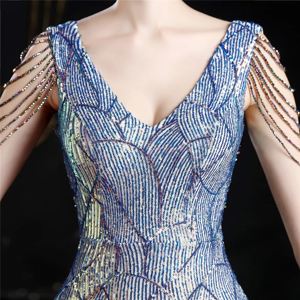 Blue Mermaid พรหมชุด Glitter Beading Sequins เซ็กซี่ V คอ Robe De Mariée อย่างเป็นทางการประกวดปาร์ตี้ชุดราตรี