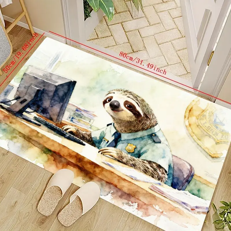 

1PC Cute Police Sloth Watercolor Floor Mat, Funny Animal Officer Desk Scene Area Rug, Non-Slip Washable Doormat for Living Room