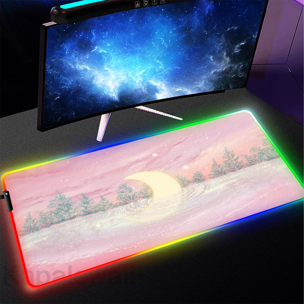 

RGB Mouse Pad Moon Landscape Mousepad Large Colorful Mouse Mat Rubber Deskmat Company LED Light Desk Pad Backlit Mousepads