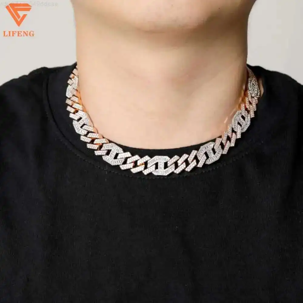 

New Arrival for Rapper Men 15mm Two Raw Iced Out S925 Hiphop 18k Gold Plated Round Baguette Vvs Moissanite Cuban Link Chain