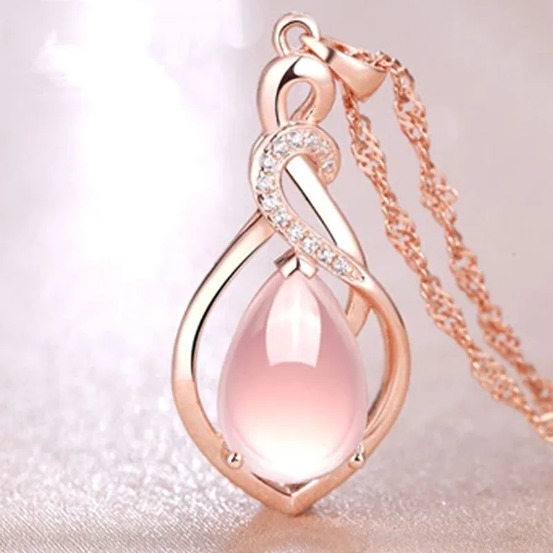 Wholesale CZ Crystal Pink Opal Pendant Necklace Chokers Rose Gold Color for Women Girls Ross Quartz Cute Gift