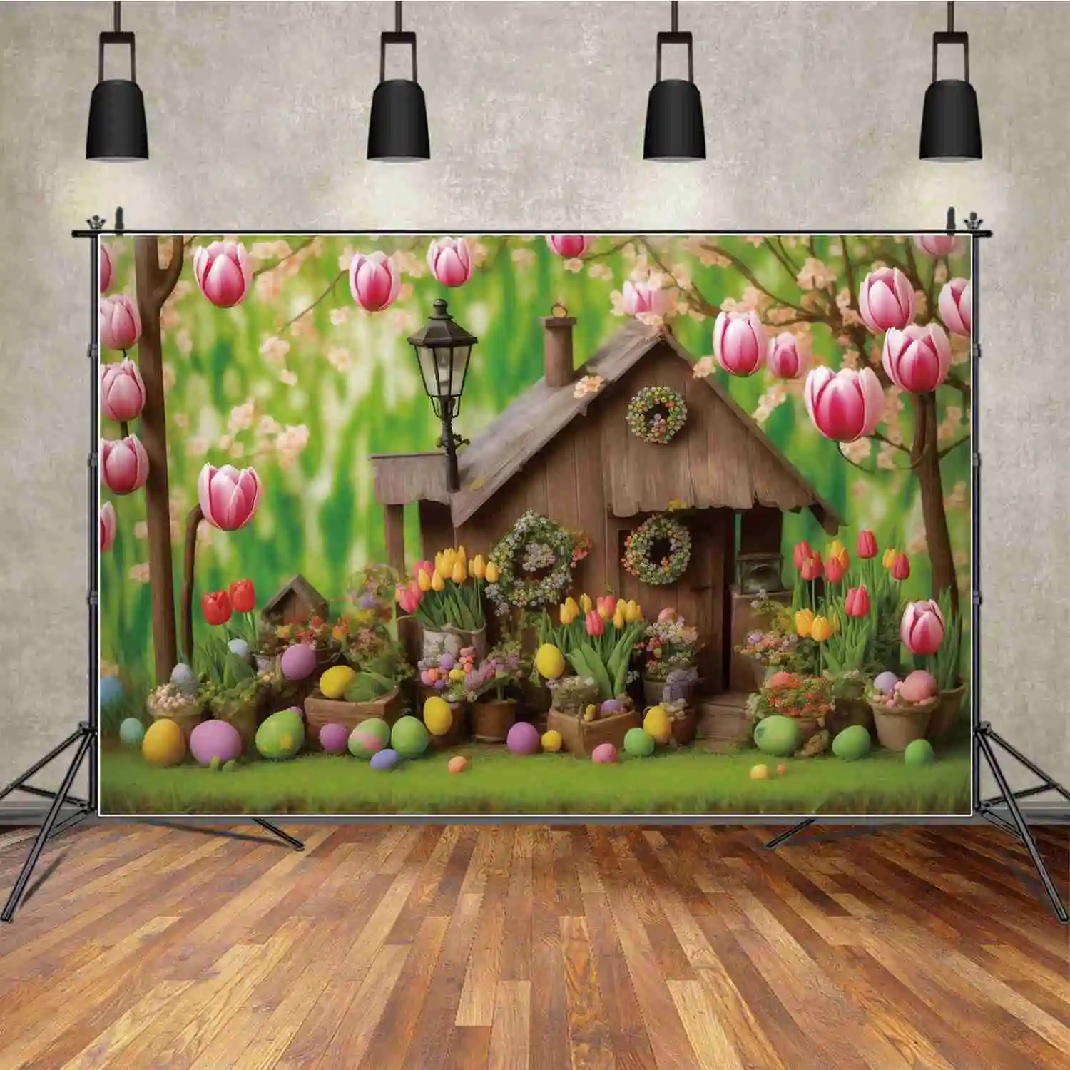 

MOON.QG Forest Easter Decoration Backdrop Wood Hut Children Flowers Colourful Blossom Nature Photo Background Spring Tulip