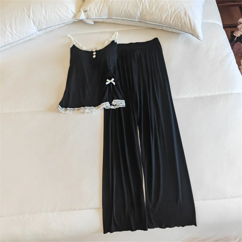 Summer Sleeveless Camisole Trousers Sets Chest Pad Sexy Home Suit Sleepwear Two-piece Pajamas Women Nightwear Home Clothing 3