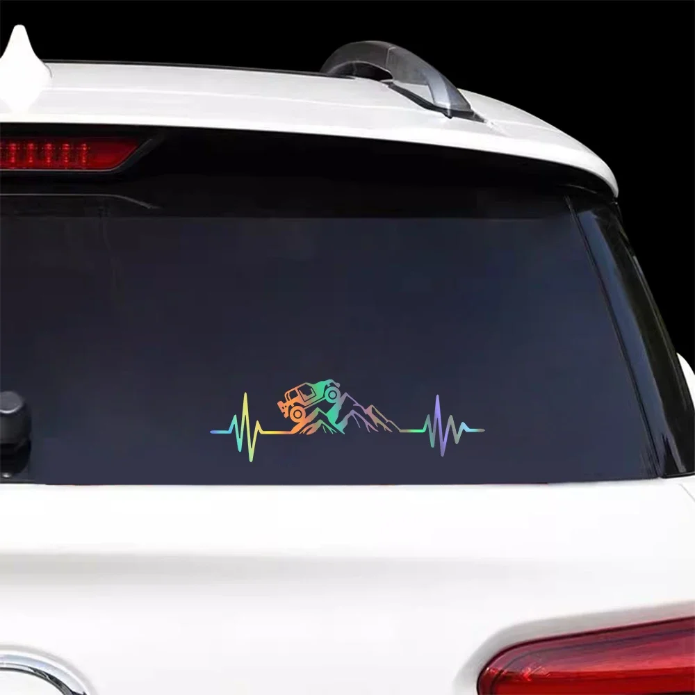 1Pcs Holographic Reflective Off Road Heartbeat Car Sticker, Mountain SUV Pattern Vinyl Decal, Vehicle Side Panel Decor Parts