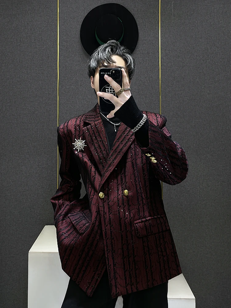 

Youth Casual Plaid Long Sve Men's Jaet Sparkling Sequin Loose Fit Autumn New Year Faion Street Sle Tailored Coat