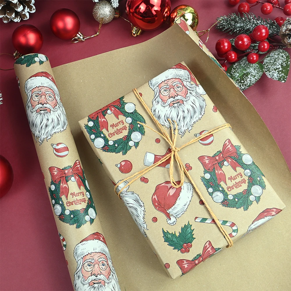 1 لفة من ورق تغليف كرافت لعيد الميلاد بأوراق حمراء مملة وتصميم جرس جلجلينج لعيد الميلاد والعطلات وغلاف هدايا الحفلات