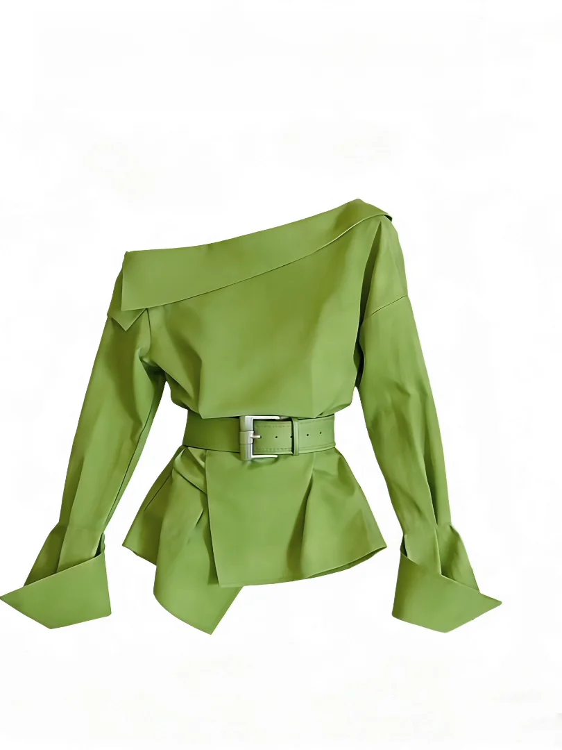 Spring 2026 Women's Green Long Sleeve Shirt Waist Cinched Design French Style Fashion Commute Top Shoulder Bared Slant Shoulder