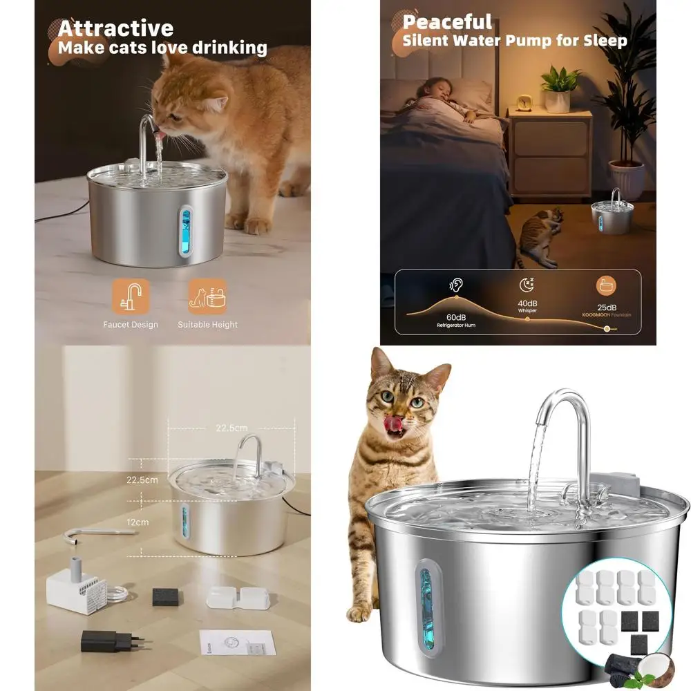 

3.2L Stainless Steel Cat Water Fountain - Indoor Pet Drinking Dispenser with 6 Filters & 3 Sponges