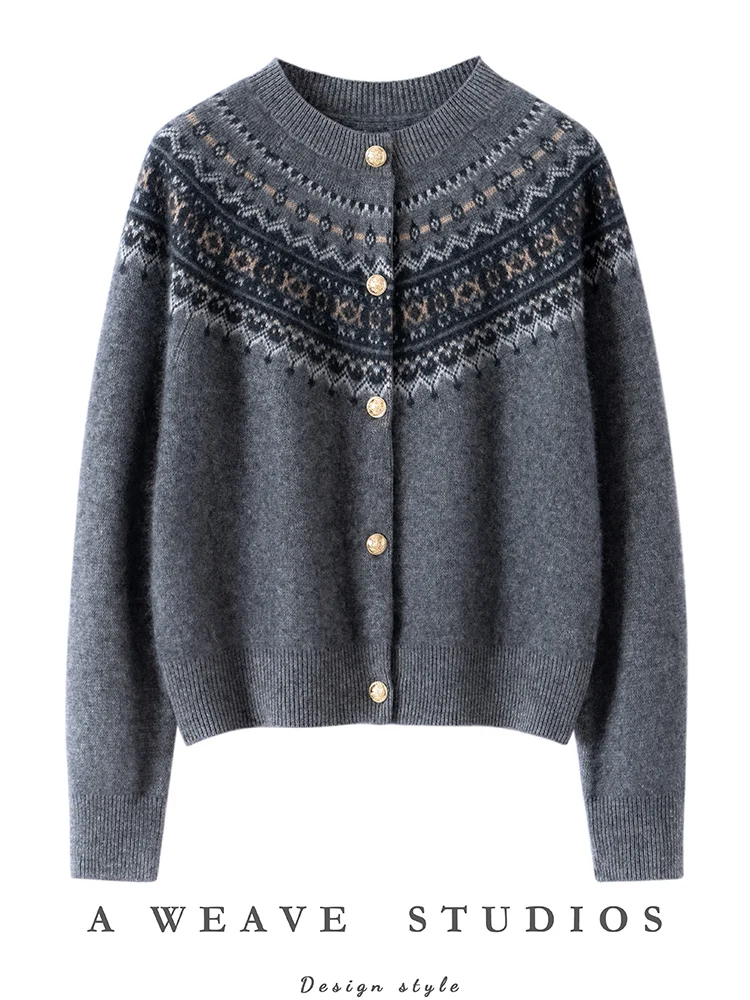 

MEETCC Chic Women's O Neck Cashmere Cardigan Faire Isle Sweater Autumn Winter Thick Soft 100% Cashmere Knitwear Jacket Tops
