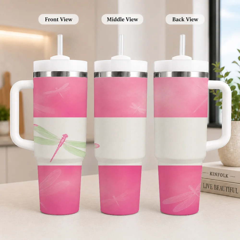 Pink Insect Cute Girls Vintage Art Vacuum Flasks 40oz Leakproof Steel Tumbler w/ Lid Straw Handle Hot Cold Drinks