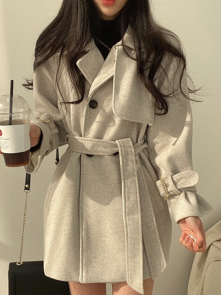 

Ele Briti Sle Double Breasted Woolen Coat Women's High End Feeling Belted Retro Woolen Jaet Chic Faionable