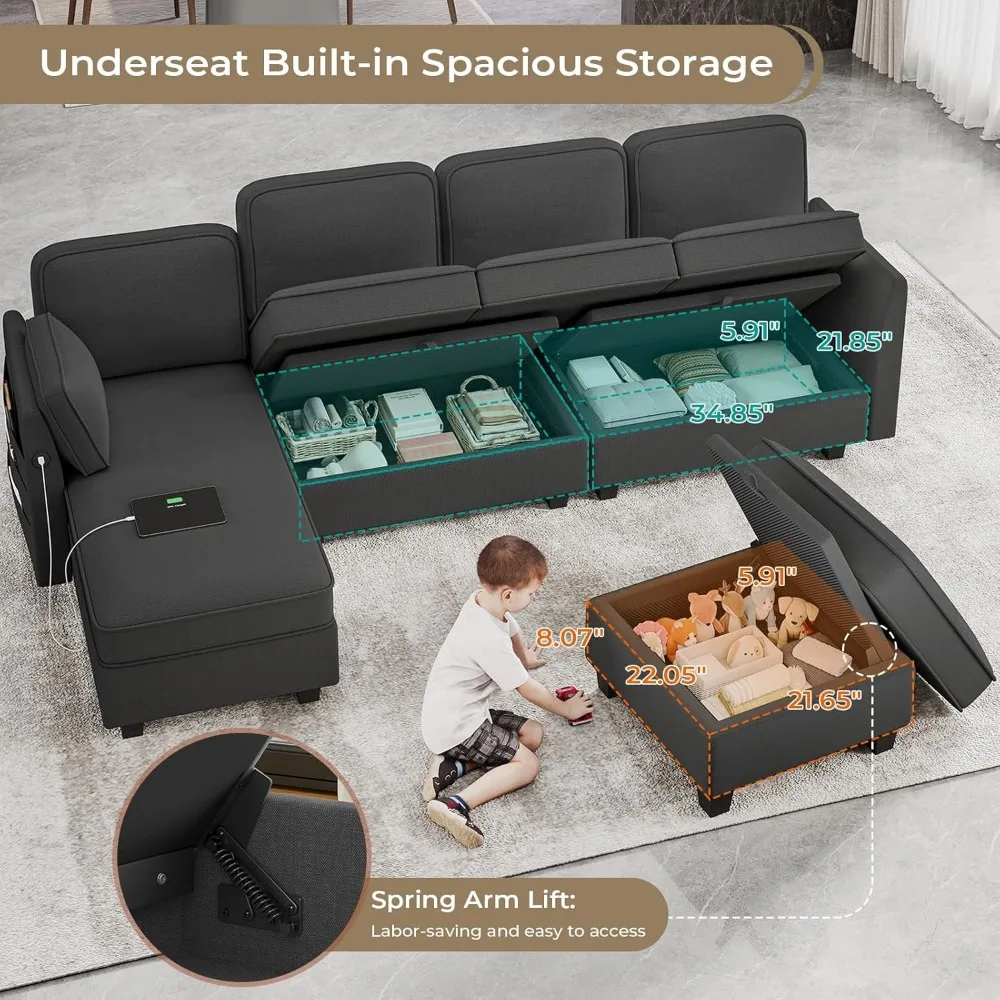 

Couch Living Room Sofa Sectional Couches for Living Room Linen Fabric Modular Sofa With Pockets Dark Grey 2 Pillows Sofas Modern