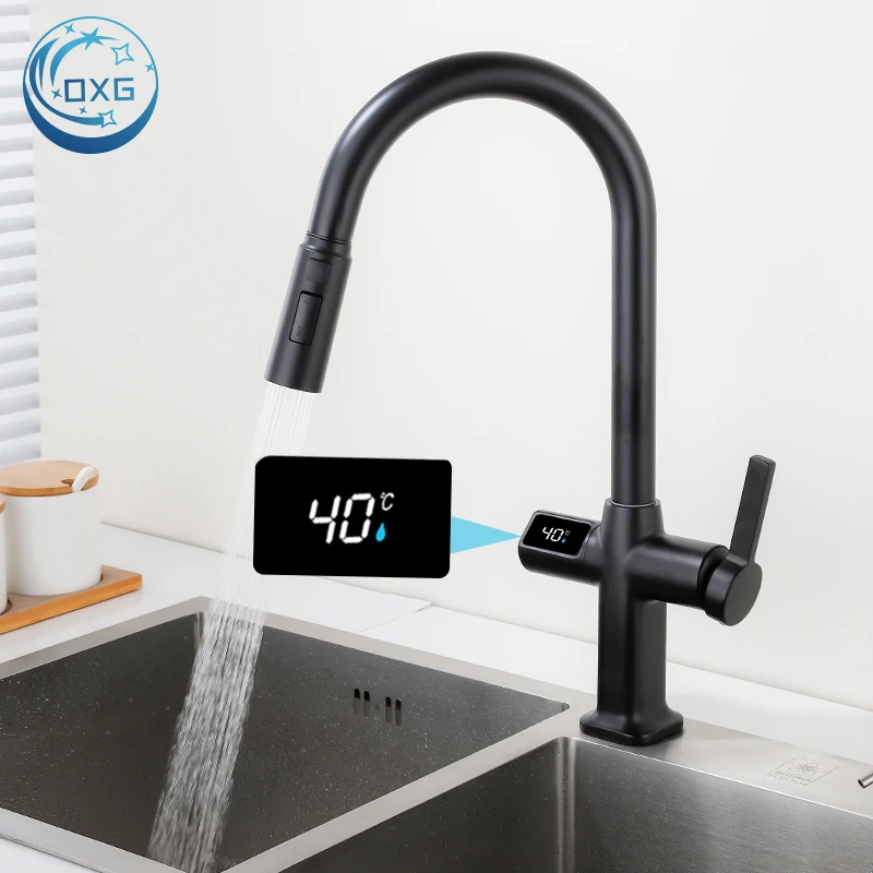 OXG Black Kitchen Faucet Gourmet Faucet Kitchen Pull Out Kitchen Sink Faucet Digital Display Function Rotatable Kitchen Taps