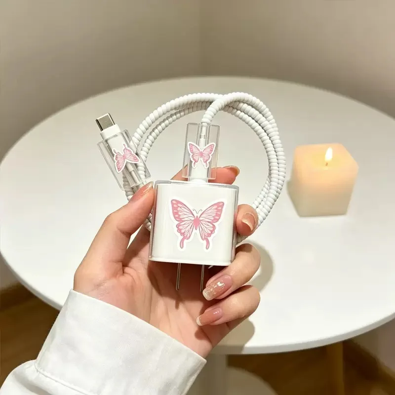 4Pcs/Set Pink butterfly Soft Charger Protector Case For iPhone 17 16 15 14 18W 20W Charging Head Protective Cover USB Cable Wind