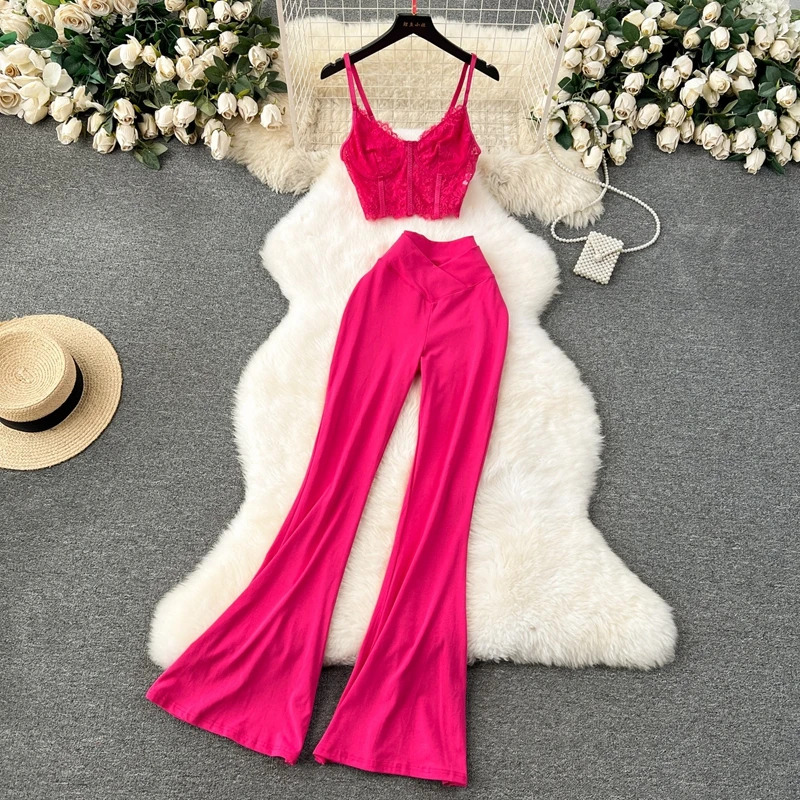 

Spicy Girl Style Sexy Set Lace Suspender Vest Fashion Trendy High Waist Slim Flared Pants Dance Suit Two Piece Set