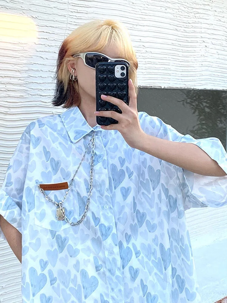 Deeptown Tuen Down Collar Short Sleeve Blouse Women Shirts Elegant Heart Love Print Autumn Casual Y2k Top 2023 Fashion New In