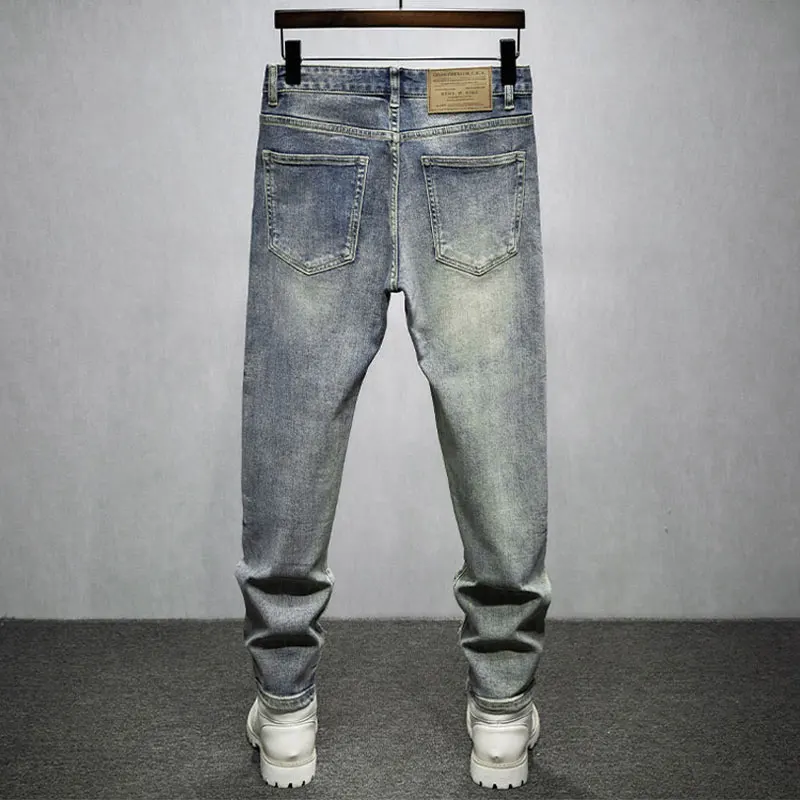 Street Fashion Men Jeans Retro Washed Blue Stretch Slim Fit Ripped Jeans Men Embroidery Patched Designer Hip Hop Denim Pants