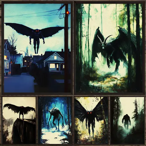 ภาพวาดบนผ้าใบวินเทจลายคริปติด์แปลกประหลาด, โมธแมน, เวนดิโก, เจอร์ซีย์เดวิล, ยูนิคอร์นแฟนตาซีสีดำ, โปสเตอร์ศิลปะแฟนตาซี