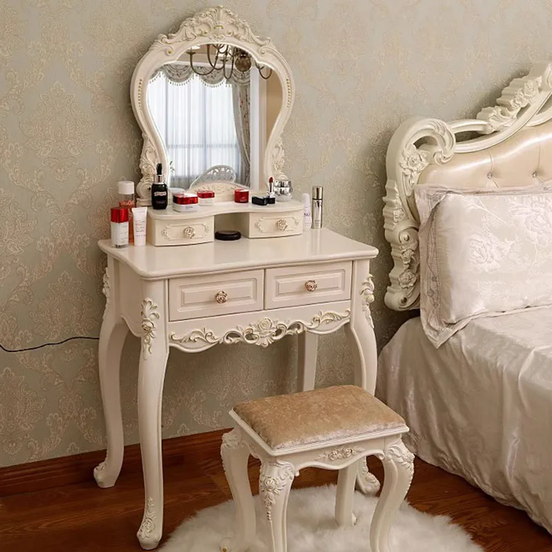 Luxo alças Dressing Table com gavetas, Quarto de madeira, Penteadeira branca, luzes gavetas, Chiffon Móveis