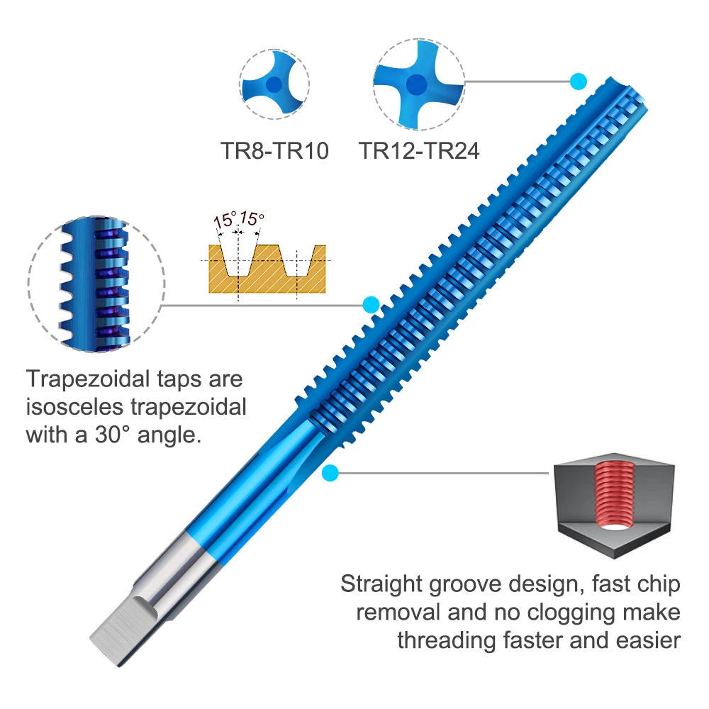 Tap Thread Spiral HSS TR8/10/12/14/16 Screw Thread Tap Drill Bit Nano Blue Coated Hand Tap Set HSS Left/Right Hand Machine Tap