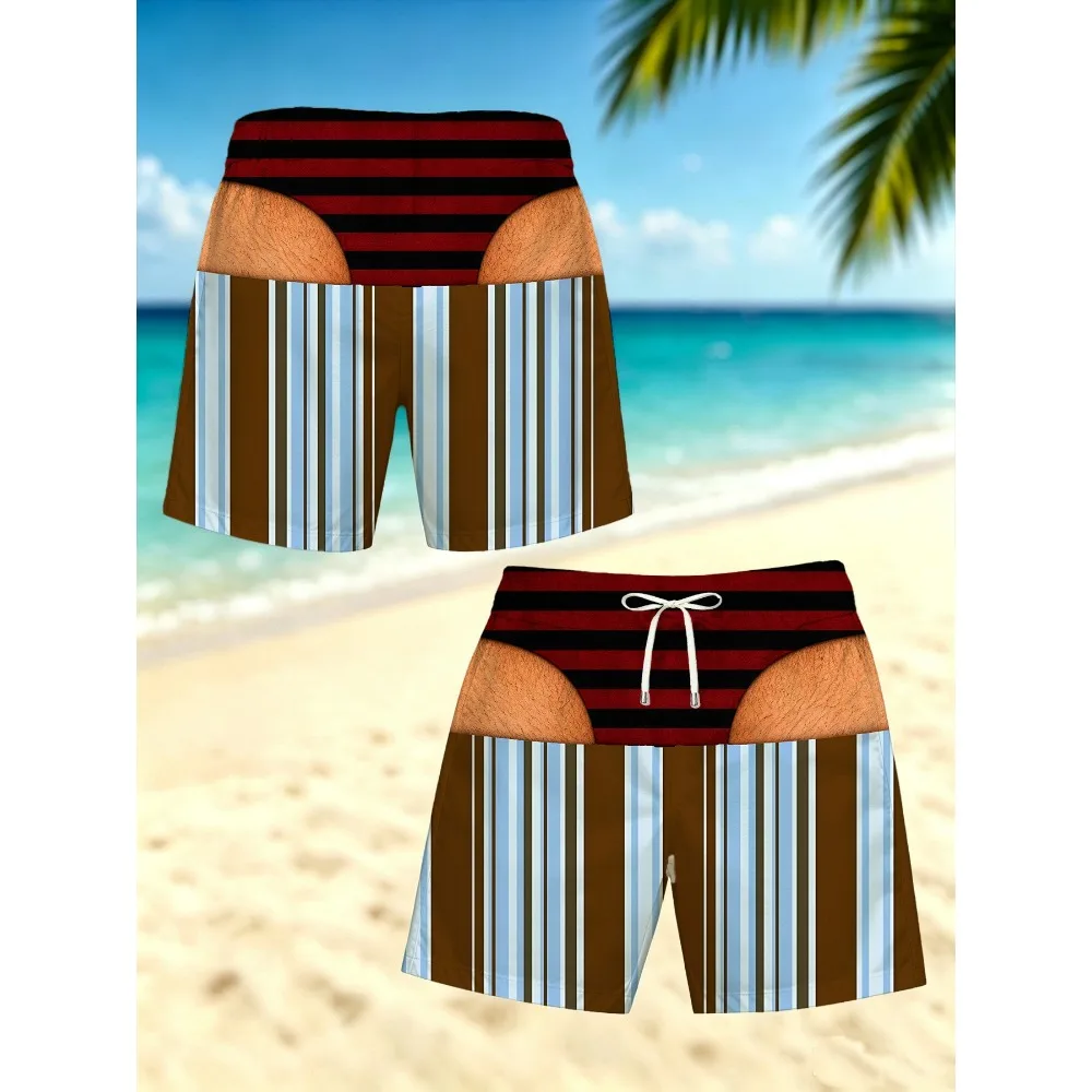 Brown Blue White Vertical Stripe Print Men Swim Trunks Quick Dry Drawstring Beach Shorts Optical Illusion Board Shorts