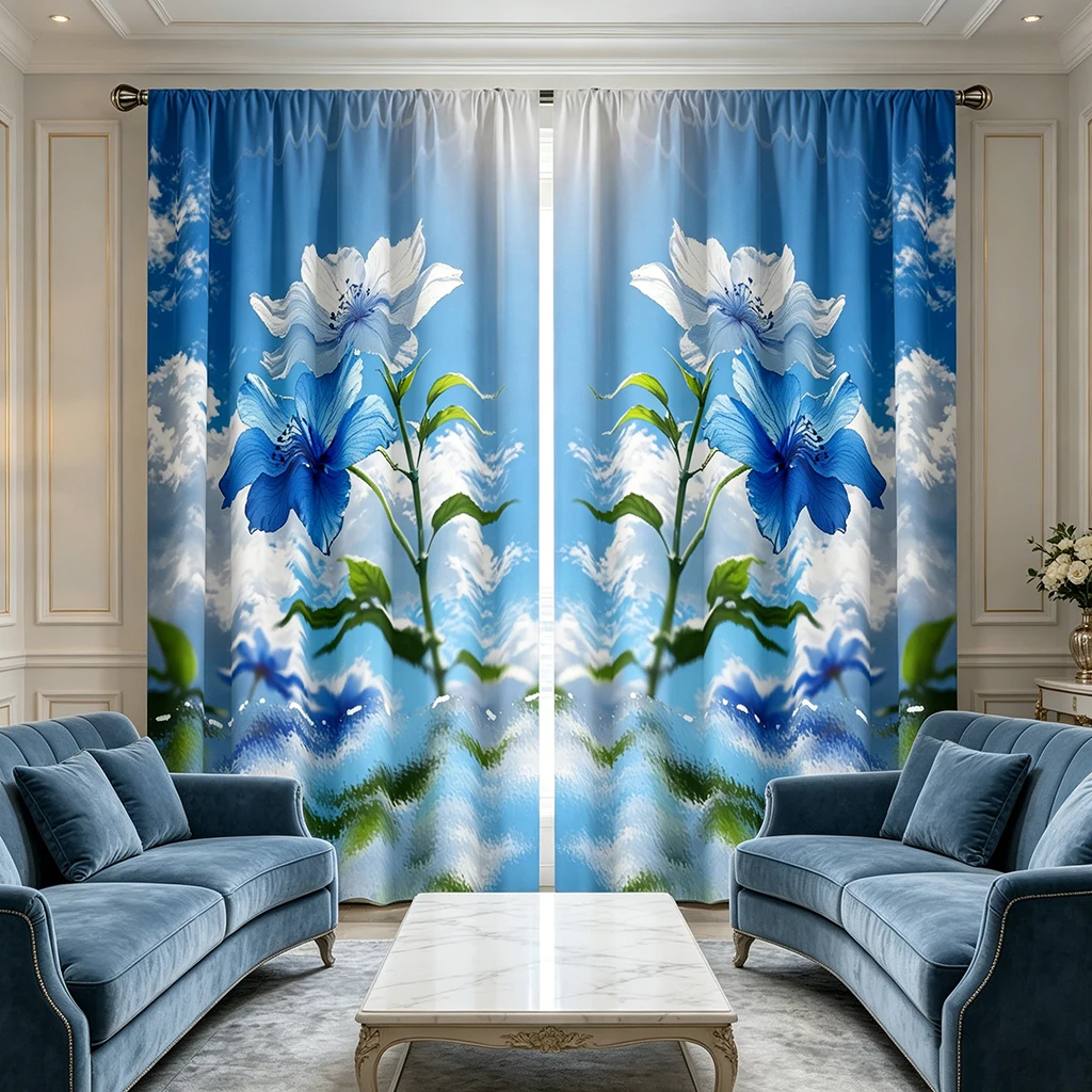 2PCS Curtains, Blue, Blue and White Floral with Cloudy Sky Pattern, for Bedroom, Living Room, Rod Pocket Style