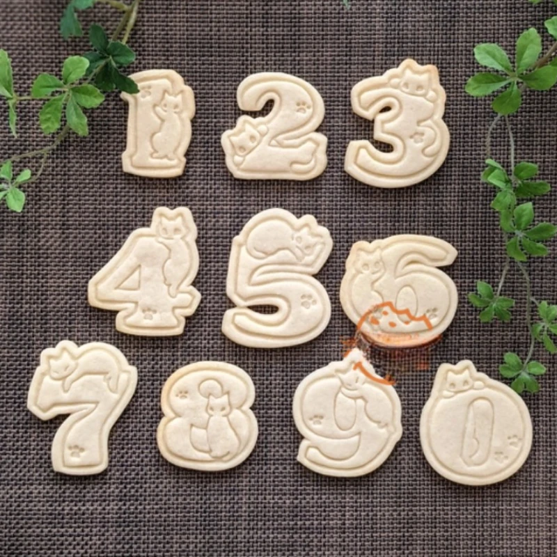 Happy Birthday Numbers Cookie Mold 0 To 9 Digital Cat Cookie Cutters Cartoon Cat Pressable Biscuit Cookie Baking Pastry Tool