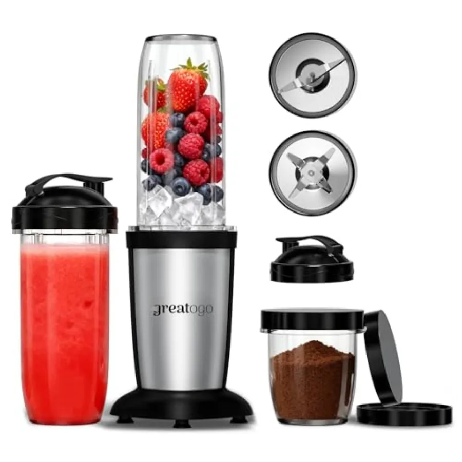 

Compact Personal Blender for Smoothies Shakes 2-in-1 Bullet Blender and Grinder with 11-Piece Set 2×24oz To-Go Cups + 10oz Grin